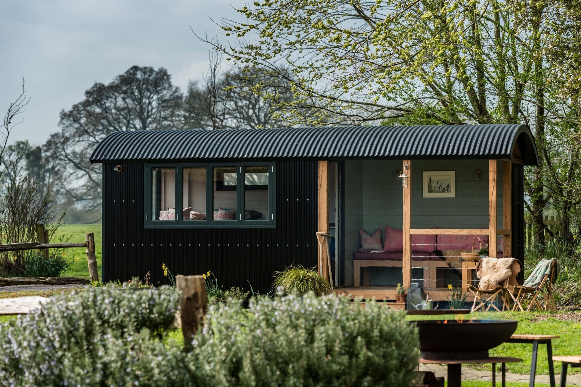 Shepherd hut on a Somerset hillside at first light